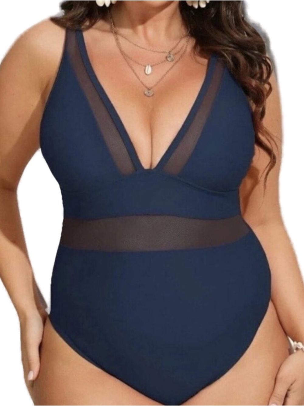 CUPSHE Women Plus One Piece Swimsuit Size 2X Navy Blue Mesh Plunge V Neck NWT